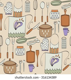 Cooking Food and  kitchenware. Hand drawn seamless pattern