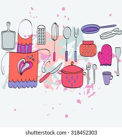 Cooking Food and  kitchenware. Hand drawn illustration