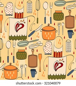 Cooking Food and  kitchenware. Hand drawn seamless pattern