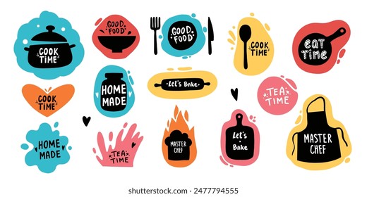 Cooking food lettering. Kitchen badge logos, baking foods typography and cook labels vector set on white background