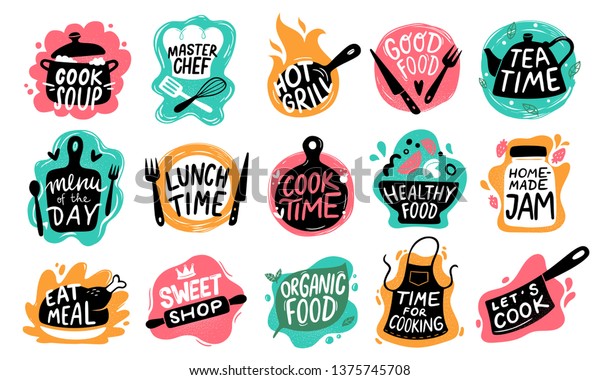 Cooking Food Lettering Kitchen Badge Logos Stock Vector Royalty