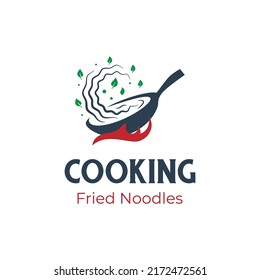 Cooking-Logo mit Pfanne-Koch-Vektorelement, kochgebackene Nudeln Logo-Design-Elemente