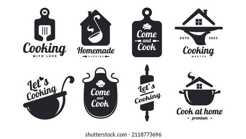 Cooking food logo set. Cook quotes label. Kitchen phrases. Home, chef, mustache, kitchen utensils icon or logo. Lettering vector illustration