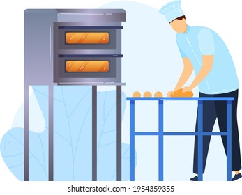 Cocinando comida, el hombre prepara masa para hornear, horno eléctrico moderno, diseño de dibujos animados tipo ilustración vectorial, aislado en blanco.