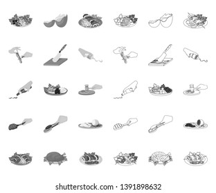 Cooking food mono,outline icons in set collection for design. Kitchen, equipment and tools vector symbol stock web illustration.
