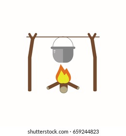 Cooking food in nature in flat design. Boiler hanging on a branch over a fire isolated on white background.