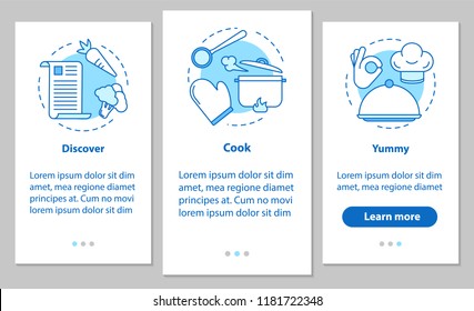 Cooking food onboarding mobile app page screen with linear concepts. Discover recipes, meal preparation, yummy steps graphic instructions. UX, UI, GUI vector template with illustrations