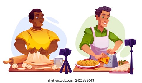 Cooking food online class and blogging. Cartoon vector set of man preparing delicious meals and filming process with smartphone camera. Male cooker character vlogger sharing kitchen master class.