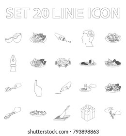 Cooking food outline icons in set collection for design. Kitchen, equipment and tools vector symbol stock web illustration.