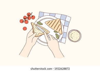 Cooking, food preparation, breakfast concept. Human hands making sandwich with cherry tomato cream cheese and herbs for lunch or breakfast over table vector illustration, top view 