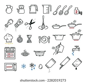 Icono de la línea de preparación de alimentos de cocina conjunto de indicadores de la ilustración vectorial. Tiempos de ebullición de utensilios de cocina de sartén cuchillo de cuchara para libro de recetas. Sensaciones de sombrero de chef hornillos de microondas preparar