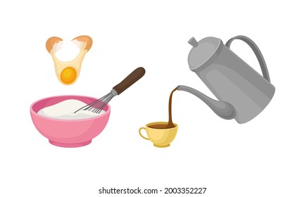 Proceso de cocción y preparación de alimentos con utensilios de cocina y vectores de ingredientes