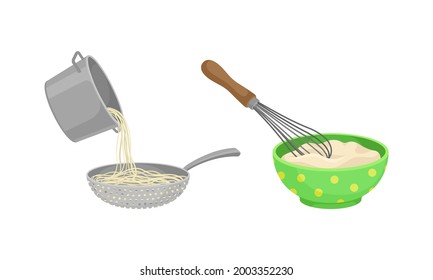 Cooking and Food Preparation Process with Kitchen Utensils and Ingredient Vector Set