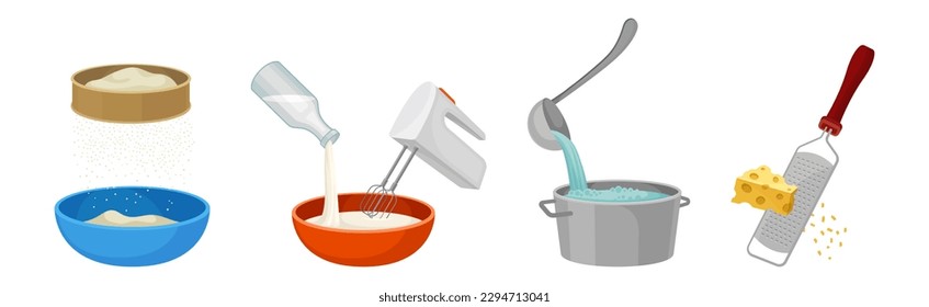 Cooking and Food Preparation Process with Kitchen Utensils and Ingredient Vector Set