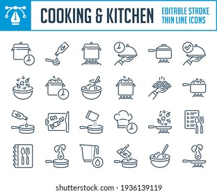 Cooking And Food Preparation Thin Line Icons. Boiling And Frying Food On Kitchen Outline Icon Set. Editable Stroke Icons.