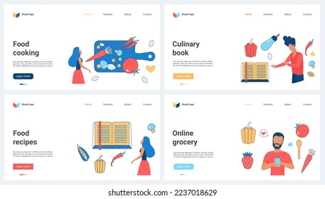 Cooking food and recipes from cookbook, online grocery store menu set vector illustration. Cartoon tiny people cook vegetables for balanced healthy diet, buy vegetarian products in mobile app