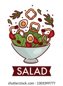 Cooking food salad dish ingredients vegetables and eggs vector bell pepper or paprika circles arugula and tomato slices lettuce leaves and olives onion rings in bowl culinary recipe vegetarian meal.