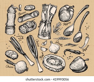 cooking, food. set of elements for restaurant menu or cafe. Vector illustration