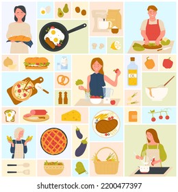 Cooking food set vector illustration. Cartoon culinary collection with people cooking meal at kitchen table, basket with vegetables and soup, homemade bread and pizza in square collage background