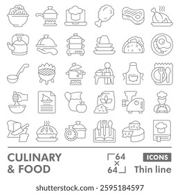 Cooking food symbols collection or sketches, culinary theme in thin line style signs for web and app. Vector graphics isolated on white background