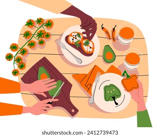 Cooking food top view. Hands with avocado and eggs. Sandwiches with vegetables. Traditional morning eating and breakfast. Preparation of tasty dishes. Cartoon flat vector illustration