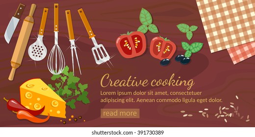Cooking Food  Top View And Kitchenware Banner 