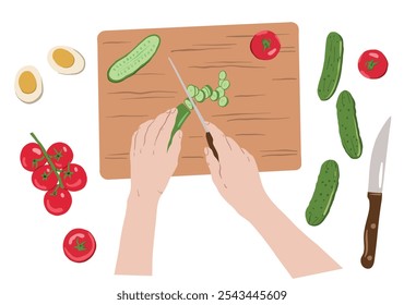 Cozinhar comida, vista de cima. Cortando pepinos, tomates, ingredientes preparação de cima. Chefs mãos preparando refeição, prato, comer, pizza e sanduíches na mesa de cozinha, aula de culinária