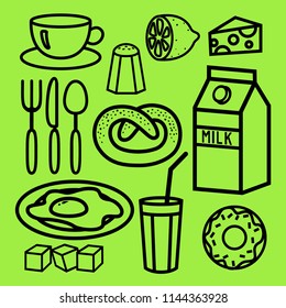 cooking foods and kitchen outline icons set on green background. breakfast icons