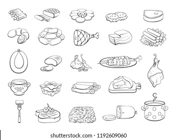 Cooking Foods and Kitchen outline icons set. Vector Illustration.