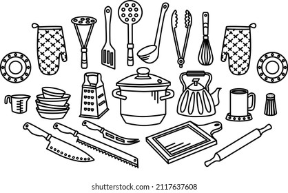 Cooking Foods and Kitchen outline icons set. Line Drawing of Isolated Kitchen Utensils. Cooking Outline Icons Set. Vector illustration.