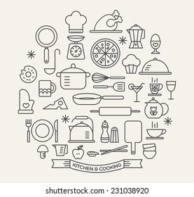 Cooking Foods and Kitchen outline icons set