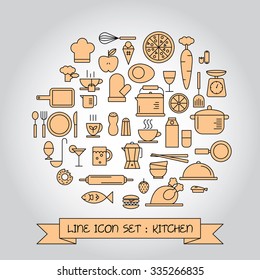 Cooking Foods and Kitchen outline icons set
