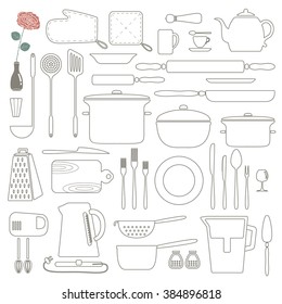 Cooking Foods and Kitchen outline icons set. Thin line.
