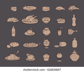 Cooking Foods and Kitchen outline icons set