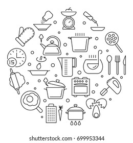 Cooking foods and kitchen tools thin line vector icons. Linear icons scale and fry egg, round form kitchen badge with kettle and blender illustration