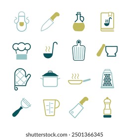 Cooking foods and kitchen vector isolated icon set. Graph symbol for cooking web site and apps design, logo, app, UI