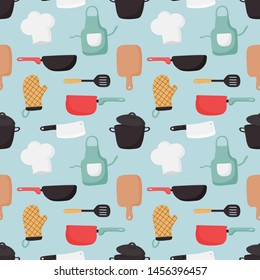 cooking foods seamless pattern and kitchen icons set on blue background. vector illustration. 