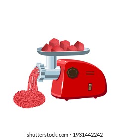 Cooking forcemeat in electric meat grinder. Vector illustration flat cartoon icon isolated on white background.