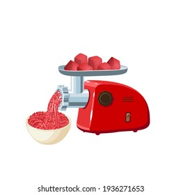 Cooking forcemeat in electric meat grinder. Vector illustration flat cartoon icon isolated on white background.