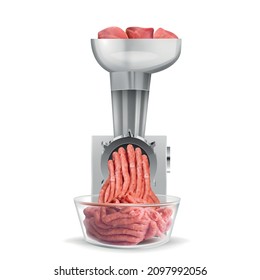 Cooking forcemeat in electric meat grinder realistic design concept isolated on white background vector illustration