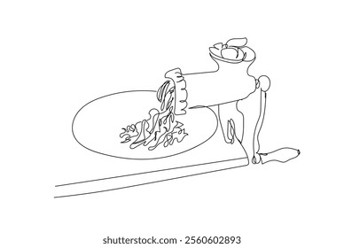 Cooking forcemeat in electric meat grinder. Continuous one line of meat grinder in silhouette on a white background. Cooking concept. Mincer and mince. Hand made vector not AI 