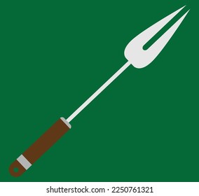 A cooking fork illustration, large fork with two heads, barbeque and grill fork with wooden handle, green and silver and brown colors, suitable for icons and tags and signs, good for web design