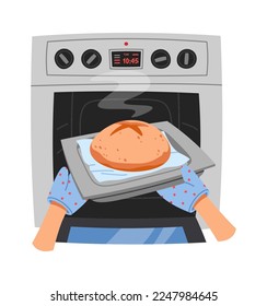 Cooking fragrant bread in electric oven flat icon Kitchen utensil. Vector illustration