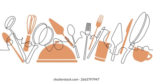 Cooking Frame. One Line Drawing of Isolated Kitchen Utensils on white background. Restaurant Design Poster. Vector illustration.