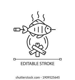 Icono lineal del pescado fresco capturado. Comida marina. Actividades de pasatiempos y de ocio. Cocina al aire libre. Ilustración personalizable de línea delgada. Símbolo de contorno. Dibujo de contorno aislado del vector. Trazo editable