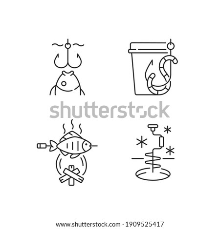 Cooking freshly caught fish linear icons set. Winter fishing. Live bait. Outdoor cooking. Sea food. Customizable thin line contour symbols. Isolated vector outline illustrations. Editable stroke