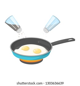 Cooking fried eggs for breakfast in frying pan. Morning tasty meal. Delicious traditional food. Adding salt and pepper. Vector illustration in cartoon style