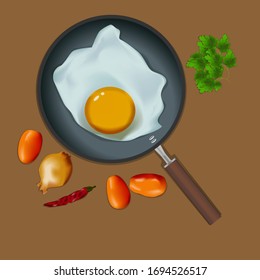 cooking fried eggs with tomatoes, peppers and parsley in a pan, vector illustration