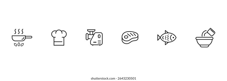 Cooking frying chef hat meat fish grinder pouring ingredients kitchen element icon vector illustration for food preparation process set.