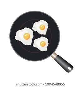 Cooking in a frying pan, chicken eggs with yellow yolk, vector illustration in flat style
